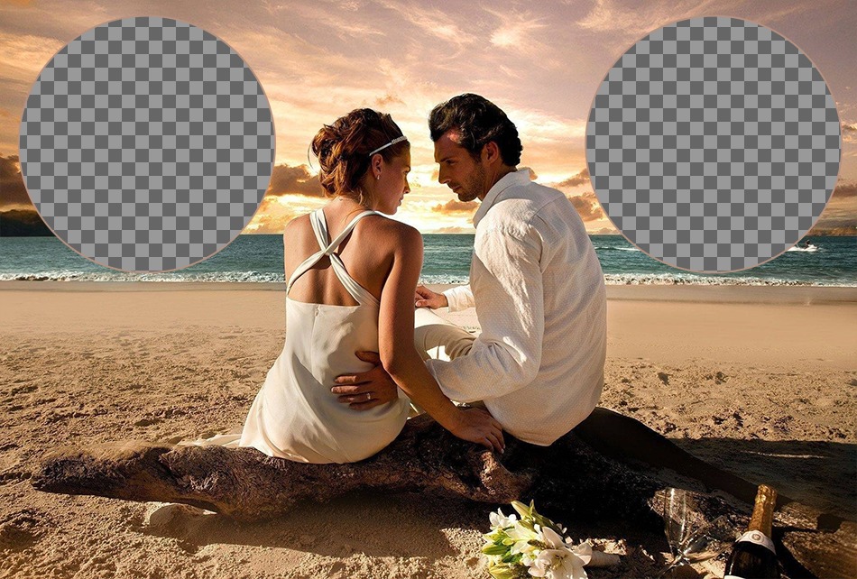 Collage con coppie romantiche sulla spiaggia celebrare il loro recente matrimonio. ..