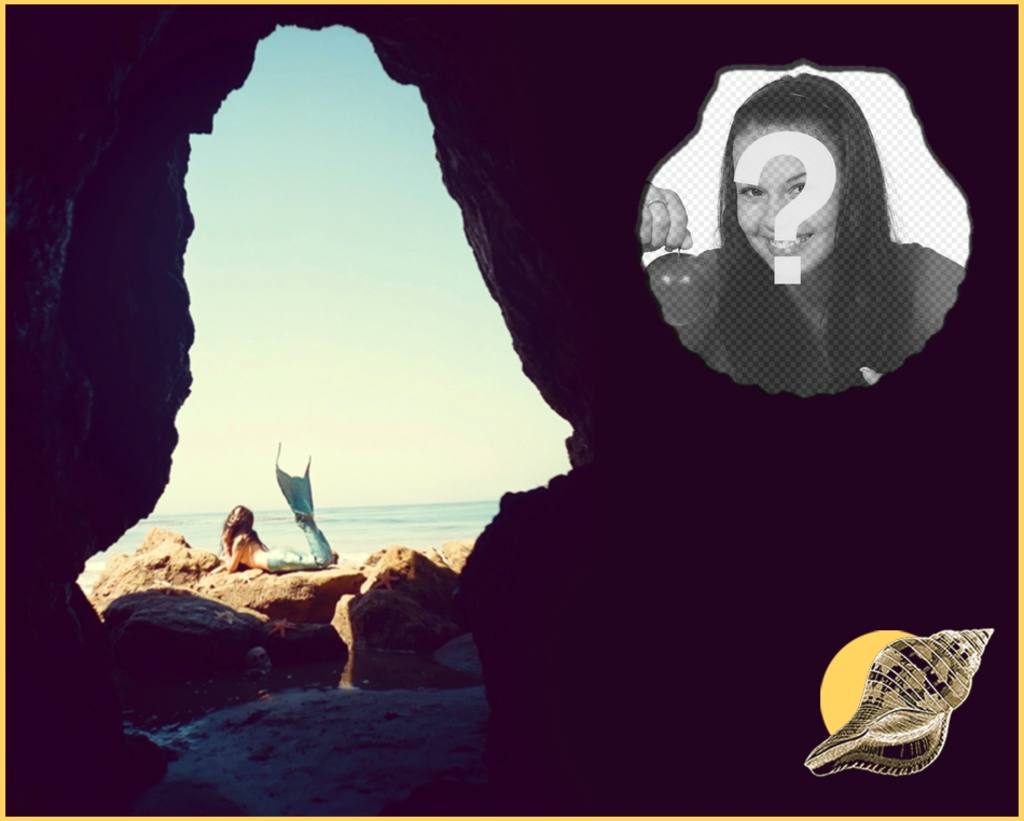Collage con una sirena, una conchiglia e una grotta misteriosa. ..