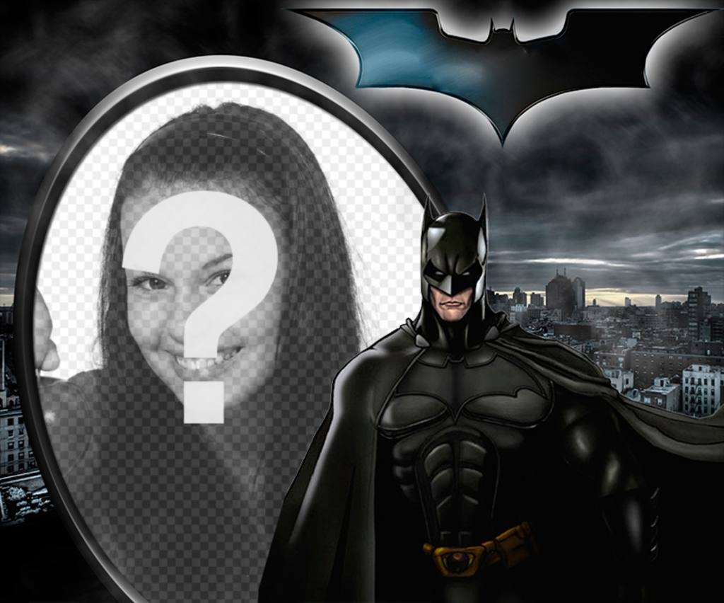 Collage ilutstrado Batman, il Cavaliere Oscuro, si staglia contro Gotham. ..