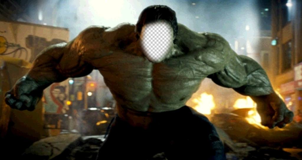 effetto in linea per essere Hulk in una scena del film X cambiare il vostro corpo con il corpo verde e muscoloso di Hulk, in una scena del film dove appare distruggere la città. Carica unimmagine e misura il vostro volto in questo carattere forte della Marvel, è anche..