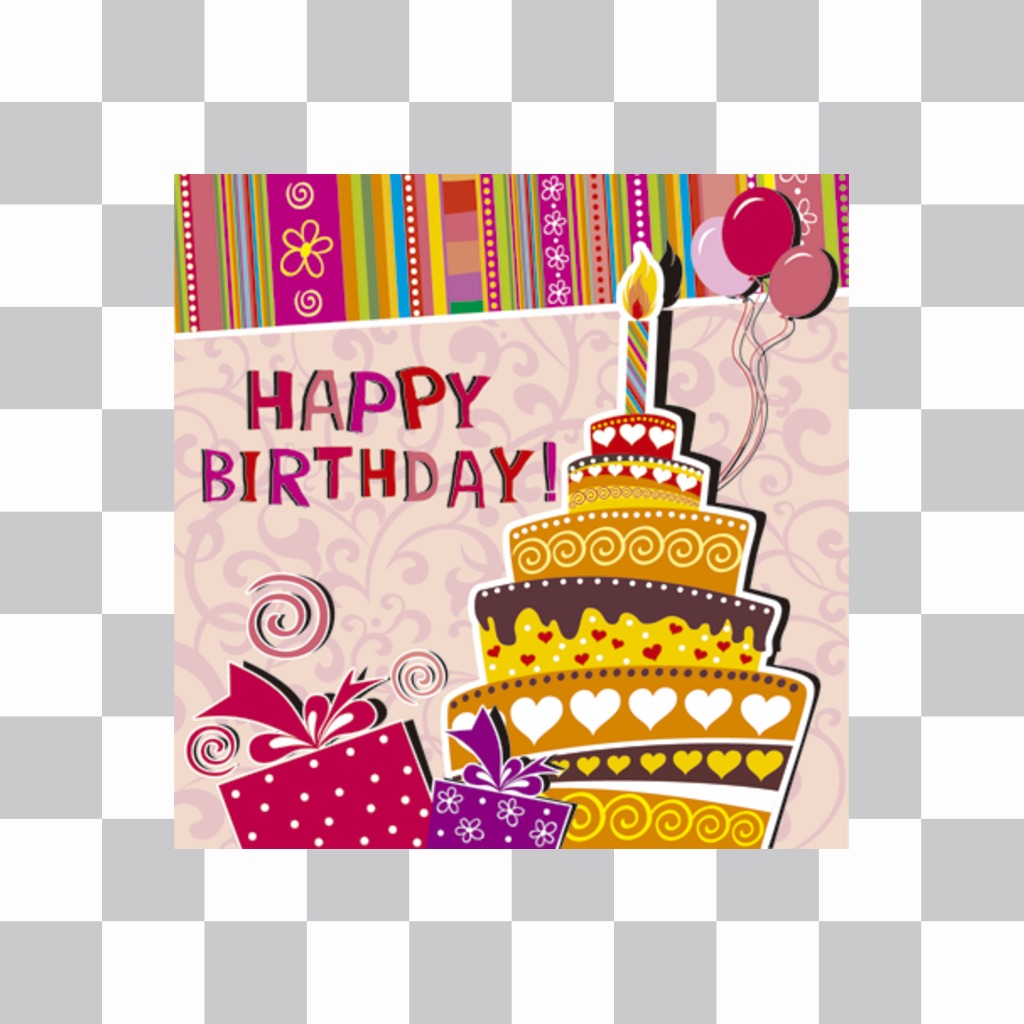 Sticker per congratularmi con un compleanno con limmagine di una torta a una festa che è possibile incorporare nelle tue foto. Con il testo BUON COMPLEANNO, una torta con una candela e ornamenti disegnato..