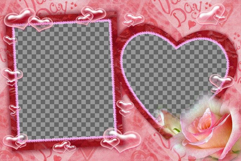 Cornice per due immagini, una quadrata e una a forma di cuore, cuori sfondo rosa e bolle. Ideale per San..