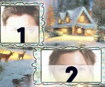 cartolina di natale di ricarica dove puo mettere due immagini sfondo villaggio nevoso ed un cervo