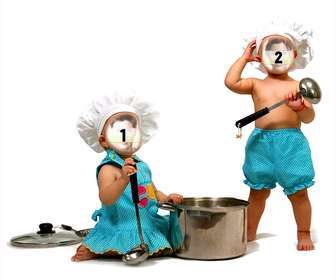 fotomontaggio due bambini vestiti cuocere metterli faccia