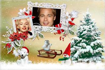 collage di natale due foto accanto un albero e vari animali