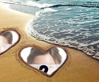 collage di amore due cuori contrassegnati sulla sabbia in spiaggia