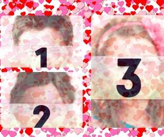 photo frame per 3 foto di amore piccoli cuori rossi e rose sfondo bianco