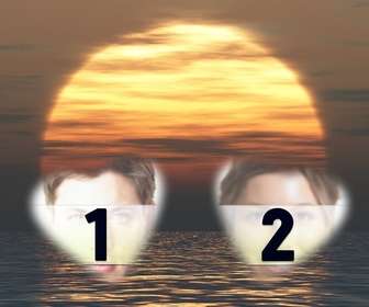 scheda personalizzabile due foto forma di cuore un tramonto e il fondo mare