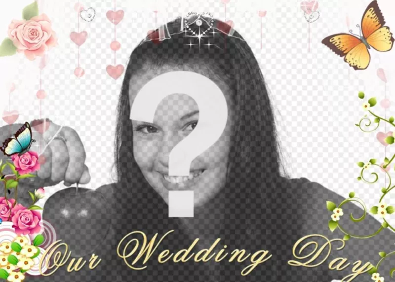 Crea il tuo matrimonio con questa foto tessera decorazione con il testo: il nostro giorno di nozze. Basta caricare una foto e si possono inviare e-mail dalla stessa..