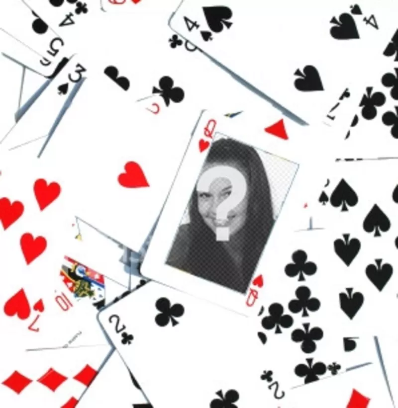 Fotomontaggio costituito da un sacco di carte da poker disordinata rovesciata, con un Q di cuori nel centro dell'immagine. All'interno di questo menu è possibile inserire..