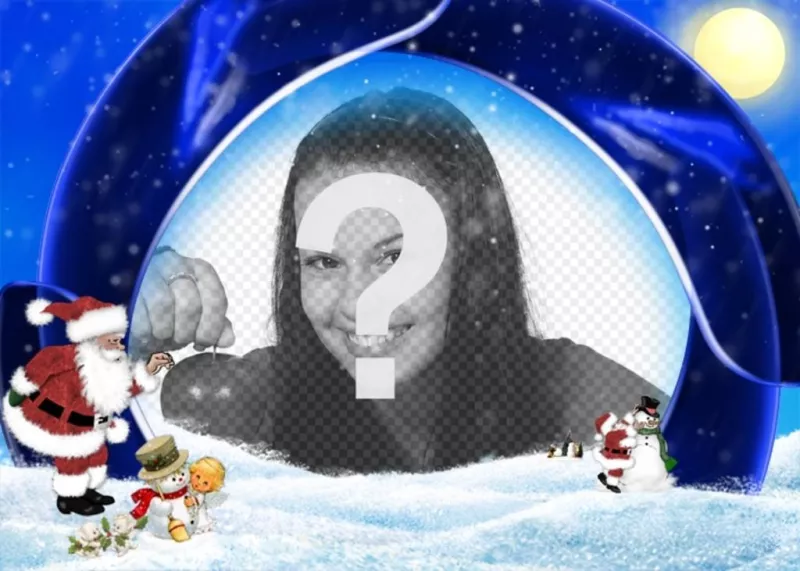 Cartolina di Natale sfondo blu e la neve in cui inserire l'immagine, sono Babbo Natale, un ragazzo e pupazzi di..
