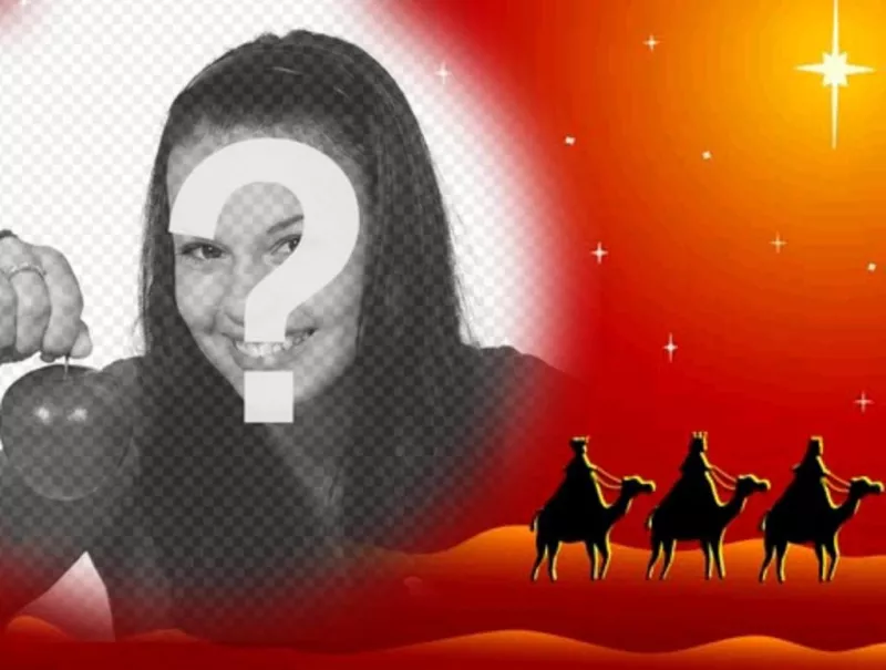 Cartolina di Natale in cui la tua foto apparirà in una cornice circolare con effetto sfumato sui bordi, su una foto di colori caldi che rappresentano i tre saggi su cammelli..
