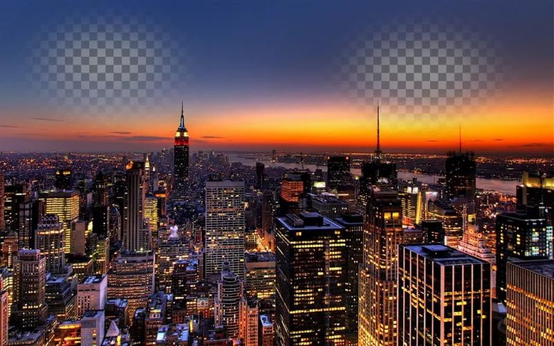 In questo collage La foto appare due volte, espressi nel cielo di New York. spettacolare immagine di un tramonto con le luci dei grattacieli..