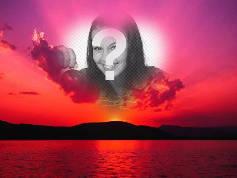 Fotomontaggio di un tramonto con un cielo rosa e una cornice a forma di cuore dove si può mettere una..