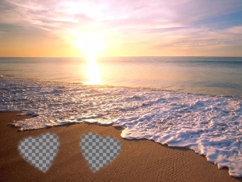 Messo due immagini sotto la sabbia sulla spiaggia con uno sfondo tramonto in..