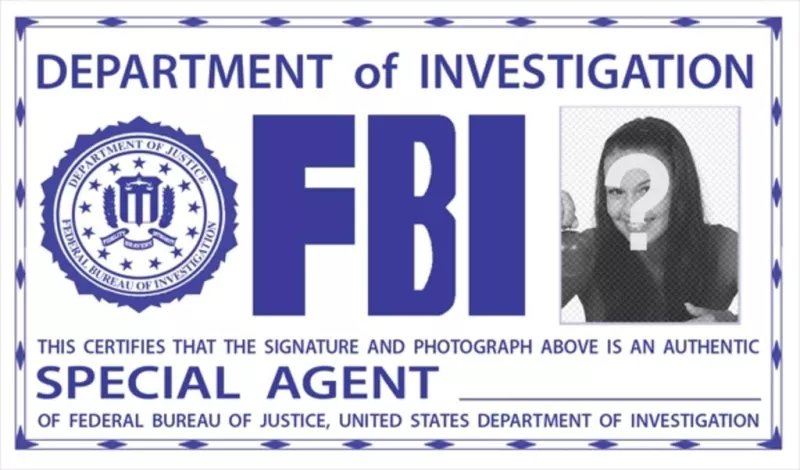 Fotomontaggio del badge identificativo dell'FBI.   ..