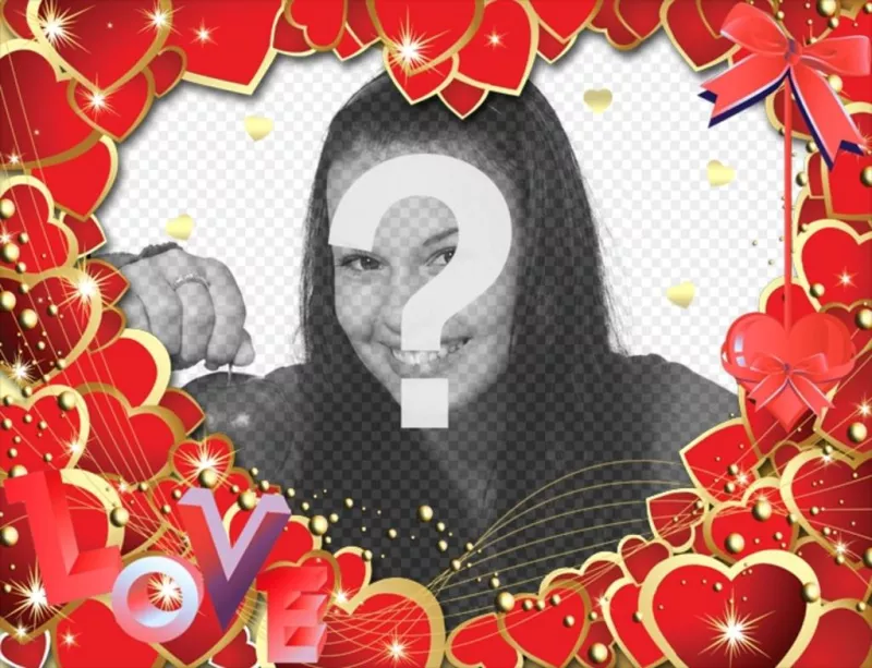 Photo frame fatta con i cuori rossi e le lettere LOVE  di mettere una..