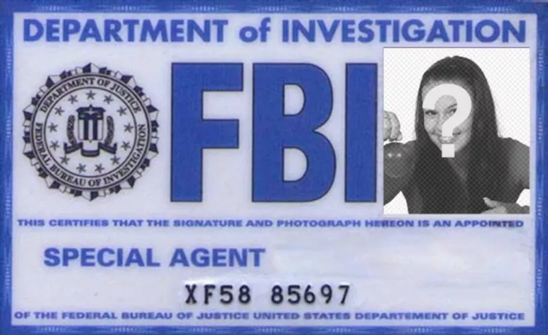Crea il tuo biglietto personalizzato di agente speciale dell'FBI indagine reparto e aggiungere la tua foto, nome e
