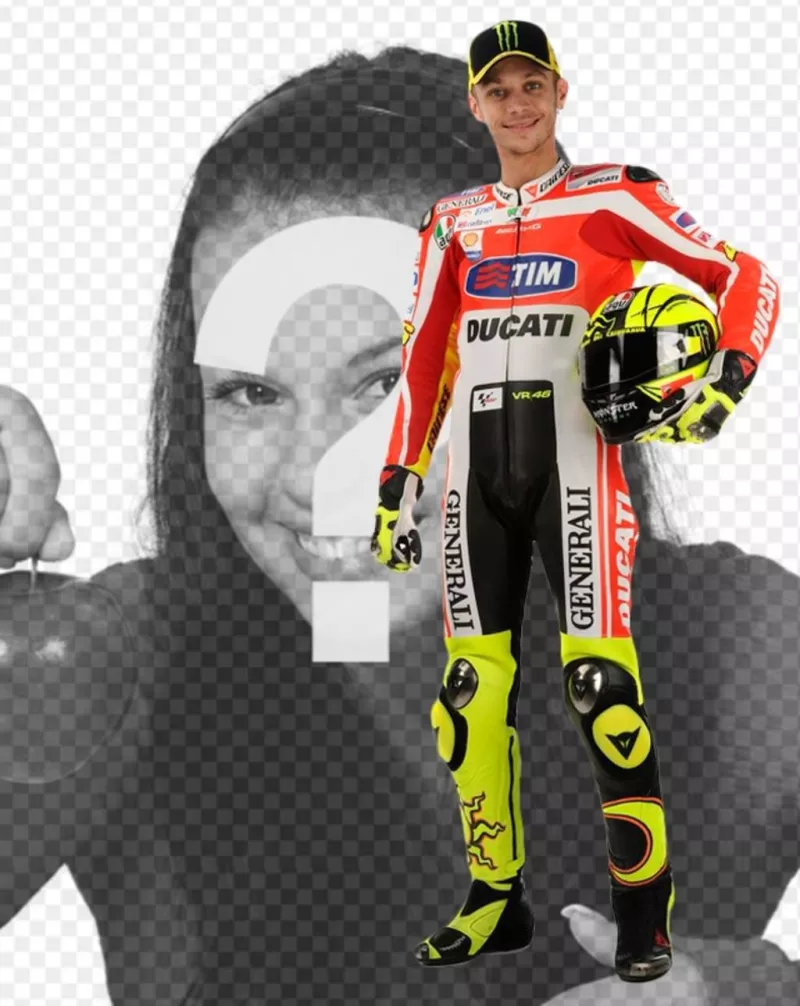 Fotomontaggio con Valentino Rossi, Moto GP corridore, nella sua Ducati uniforme e un casco sotto il braccio. Apparirà accanto al famoso biker, (ora in Yamaha) e aggiungere testo nell'immagine..