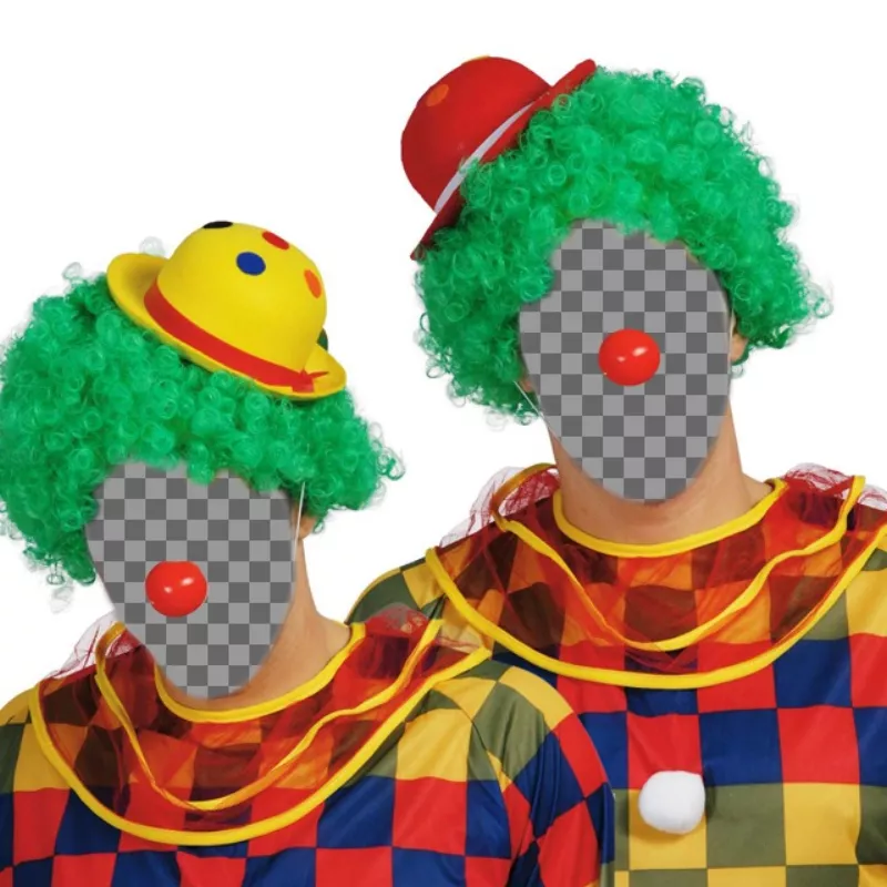 Fotomontaggio con due clown in costume con il naso rosso e la parrucca verde Cap colori per mettere la vostra faccia o quella di un'altra persona e di aggiungere del testo..