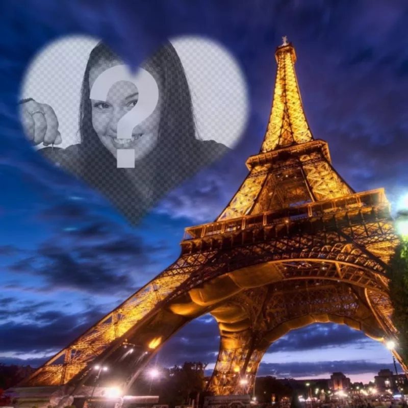 Fotomontaggio di Parigi con la Torre Eiffel illuminata e un cuore semitrasparente portafoto a forma nel cielo per fare la tua..
