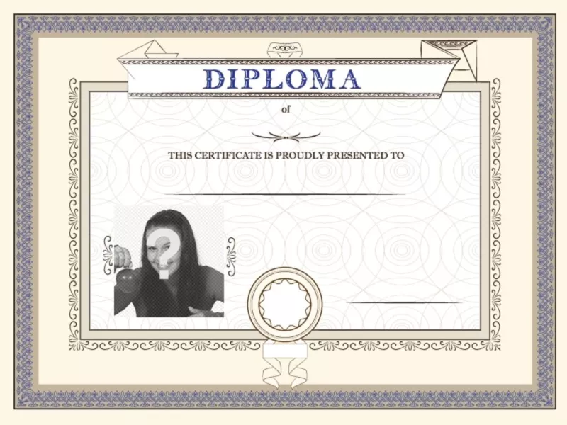 Diploma personalizzabile di una conquista, orgogliosamente presentato alla persona che si desidera in cui è possibile inserire una foto e..