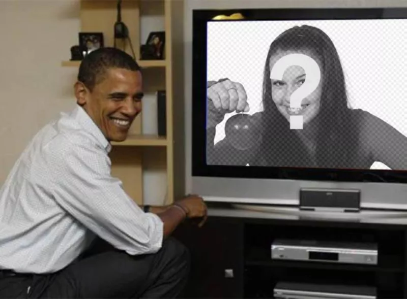 Fotomontaggio di mettere Barack Obama con la tua foto in cui compare il presidente su un televisore accanto a lei. ..