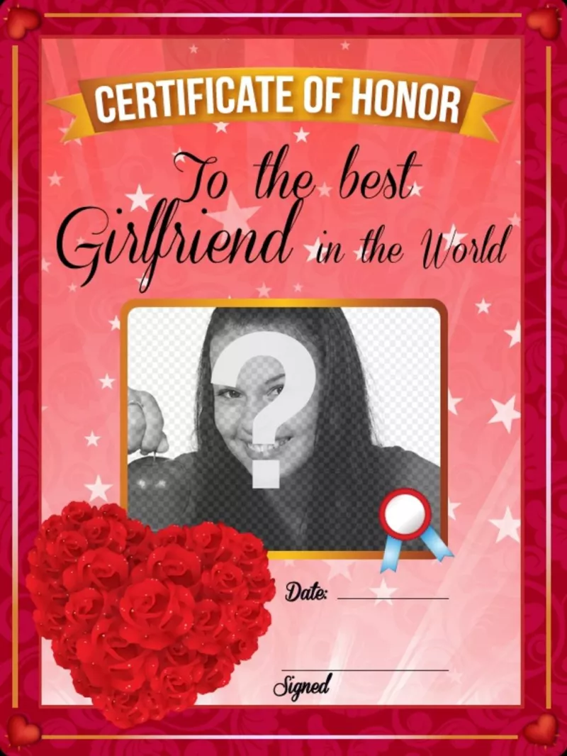 Certificato per la migliore amica al mondo, con le rose rosse a forma di cuore da personalizzare con una..