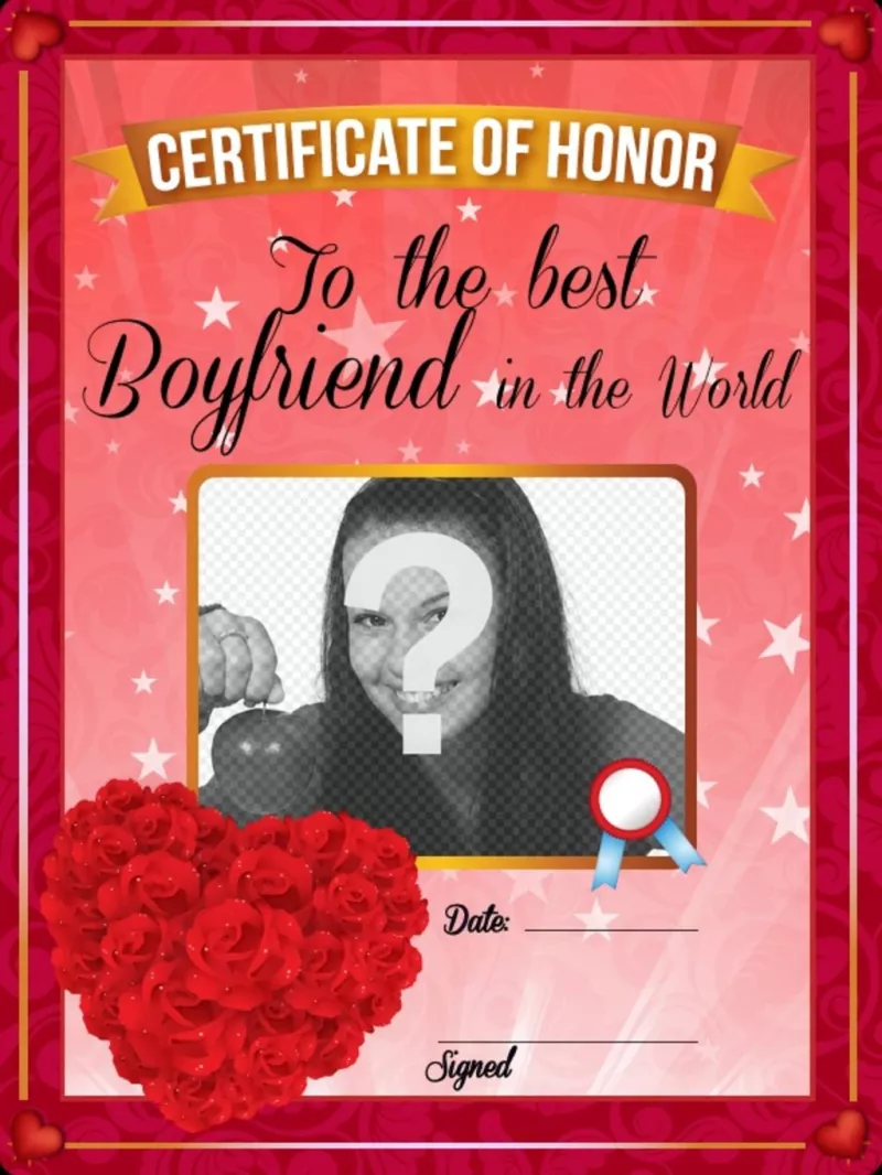 Romantic certificato personalizzabile per il miglior fidanzato del mondo, con un cuore di rose..