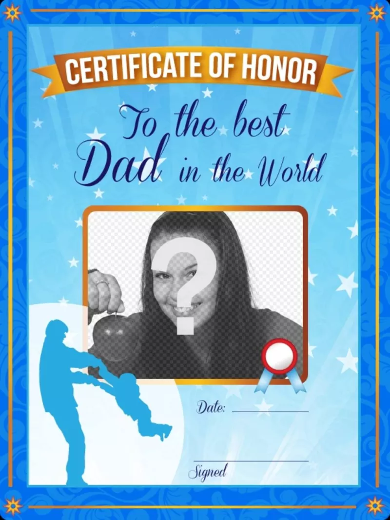 Certificato d'onore per il miglior padre del mondo. Un certificato blu personalizzata con una foto e..