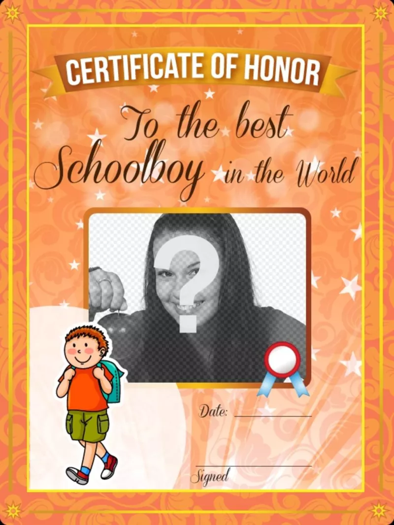 Certificato d'onore per il miglior studente nel mondo di personalizzare con una foto..