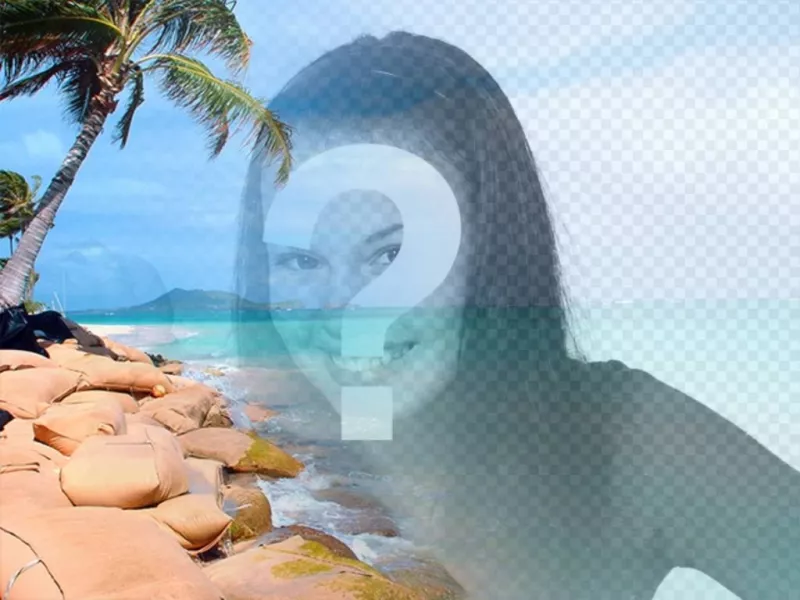 Collage con una spiaggia paradisiaca con acqua blu e le palme di mettere la tua foto e personalizzare con il..