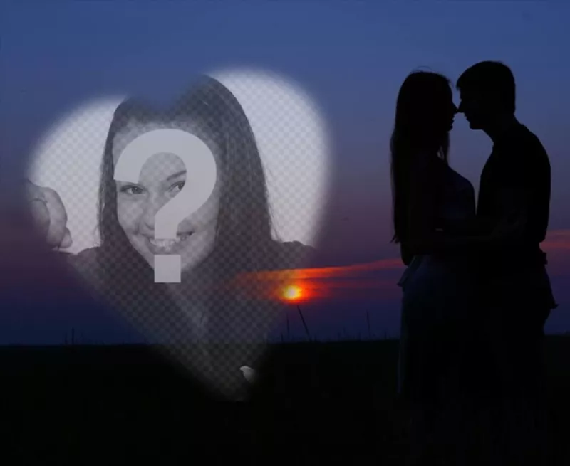 Fotomontaggio con una coppia in amore con un tramonto sullo sfondo e un cuore di mettere una foto..