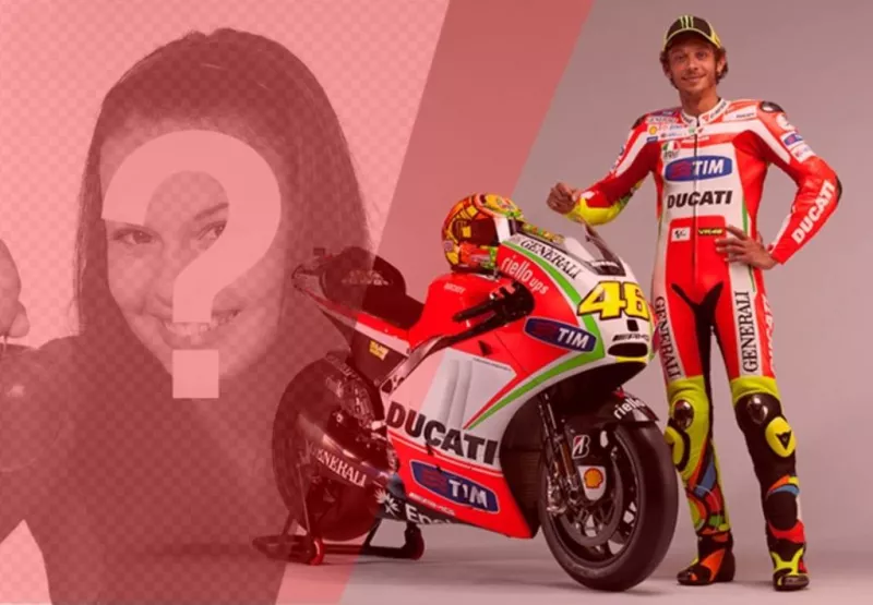 Creare un fotomontaggio con Valentino Rossi, pilota di moto, con la sua moto rosso e bianco e un filtro rosso per la tua..