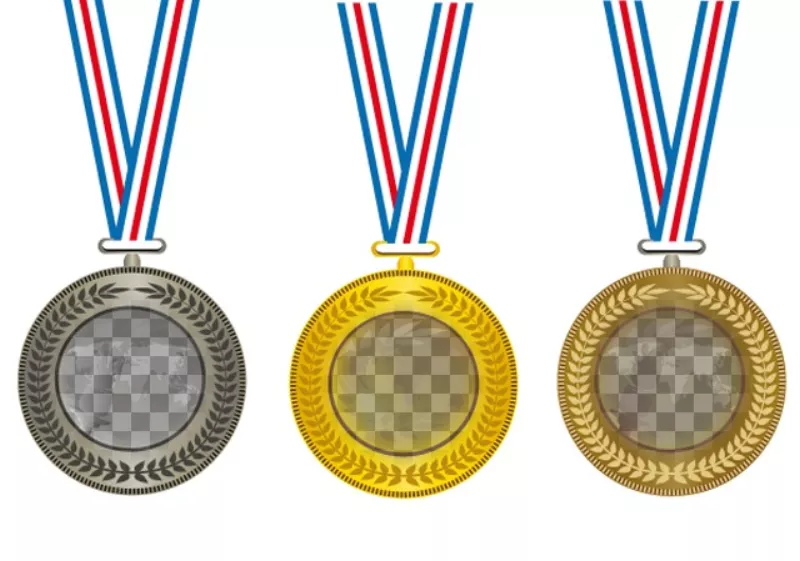 Collage con tre medaglie doro, dargento e di bronzo, di mettere in centro tre foto di..