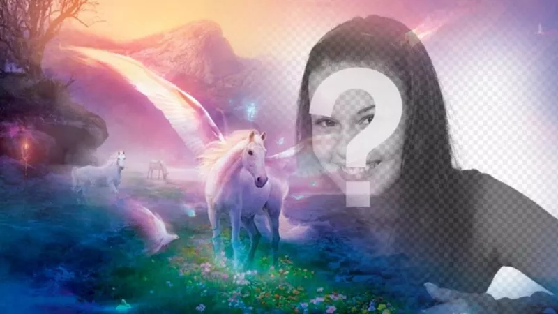 Fantasy fotomontaggio di mettere la tua foto con unicorni bianchi su un paesaggio di sogno..