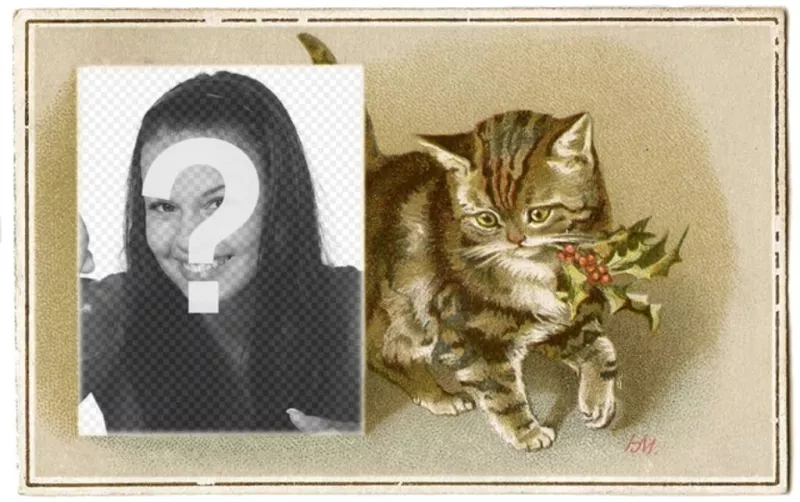 Cartolina di Natale con vintage brown gatto disegnato con un agrifoglio in bocca e una casella in cui inserire una..