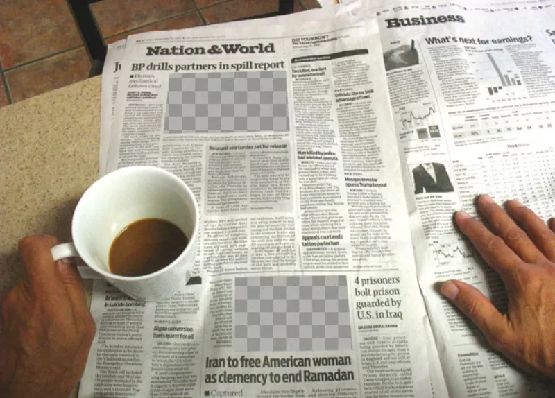 Fotomontaggio con qualcuno che legge un giornale e prendere una tazza di caffè con due fori per inserire le immagini e appaiono nelle