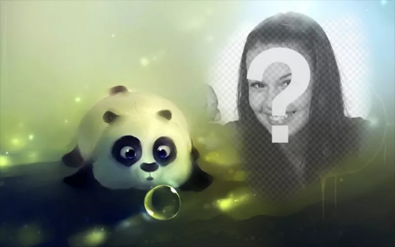 Fotomontaggio con un panda disegnato soffia una bolla di sapone e un buco sulla destra per mettere una..
