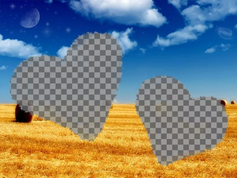 Collage di amore con due cuori disegnati con il gesso per inserire le immagini e una foto di un campo doro con il cielo blu sullo..
