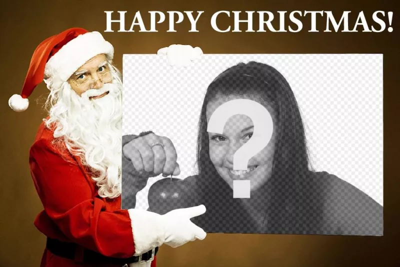 Fotomontaggio per creare questo divertente Natale dove Babbo Natale appare tenendo la foto che caricare e avere una scheda originale è possibile inviare ai vostri cari e augurare loro un Buon Natale. Questo effetto è gratuita e si può modificare con qualsiasi..