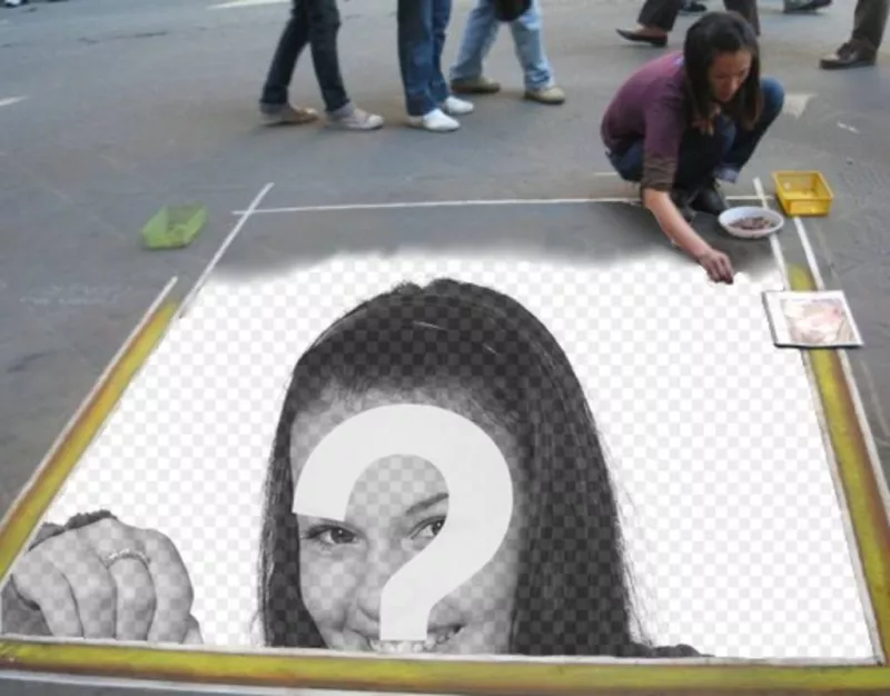 Fotomontaggio di inserire la vostra immagine nel pavimento dipinto da un artista di strada. ..