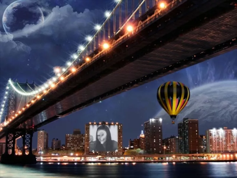 Fotomontaggio su un poster di un edificio accanto a un pallone e un ponte. ..
