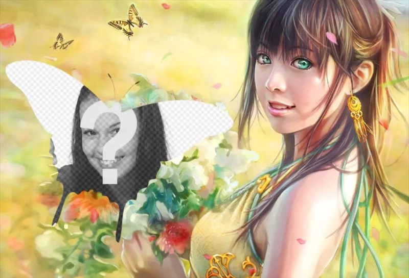 Collage con farfalle e un disegno di una ragazza che raccoglie fiori nel campo. ..