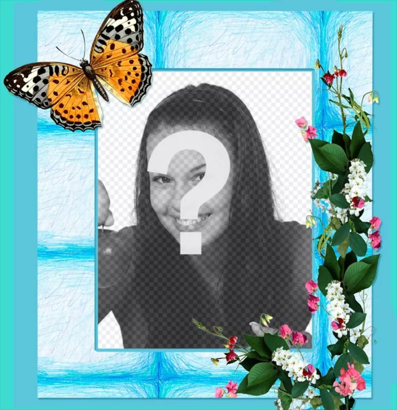 Inquadrare il foto con fiori e farfalle su sfondo blu. ..