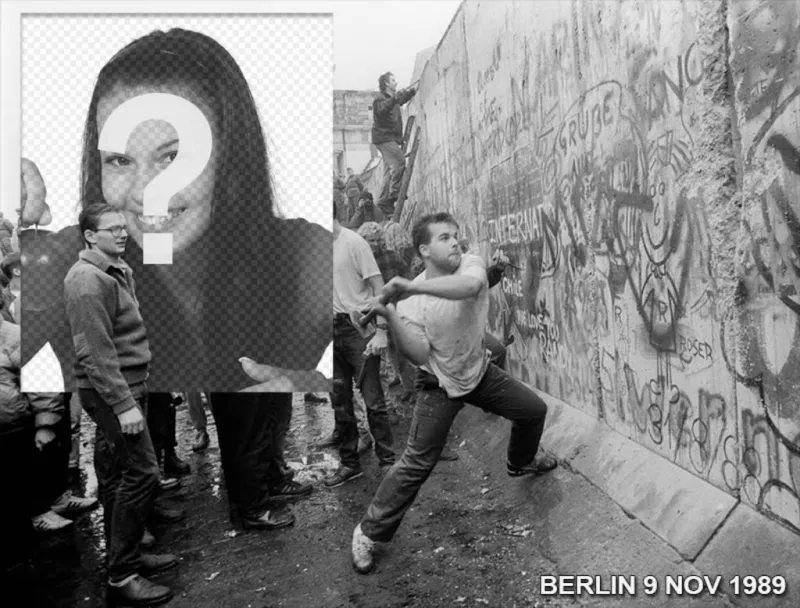 Fotomontaggio della caduta del muro di Berlino nel 1989 per mettere la tua foto accanto alla foto. ..