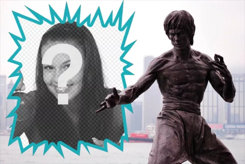 Collage con una statua di Bruce Lee ..