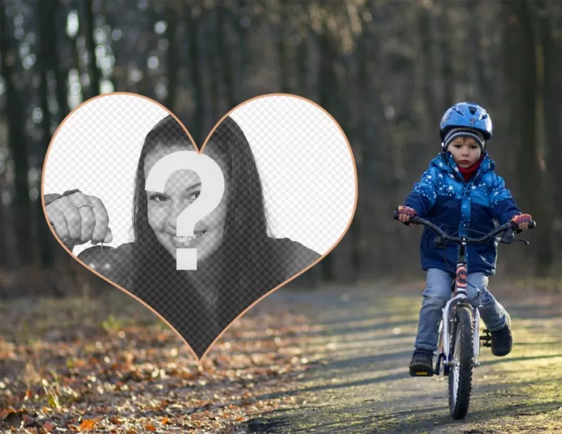 Photo frame di un bambino con la bici e la tua foto in un cuore. ..