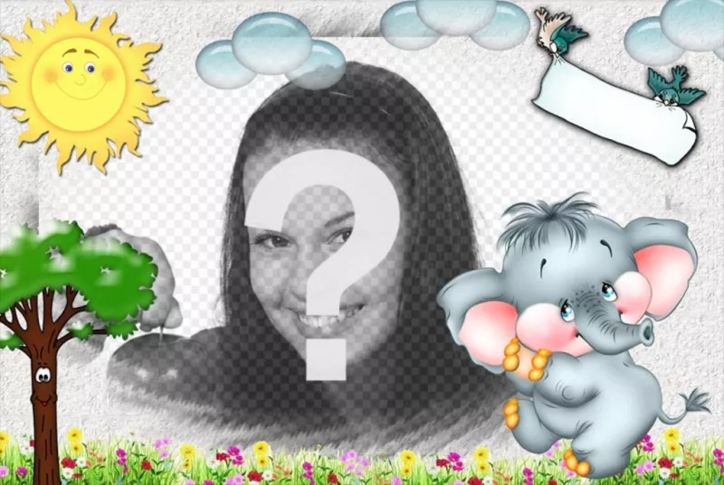 Bambini Fotomontaggio con la tua foto di sfondo e del paesaggio disegnato. ..