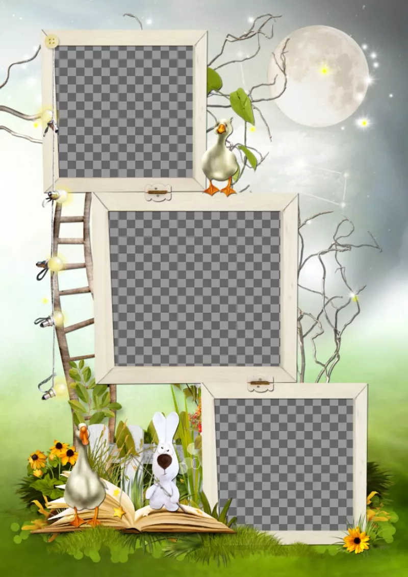 Photo frame per 3 foto con due anatroccoli decorazione, un coniglio e una scala che sembra salire sulla..